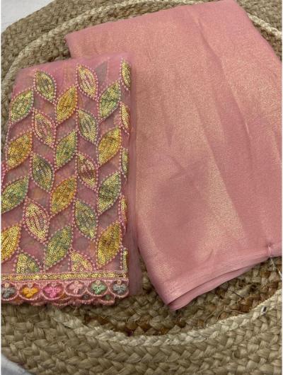 Peach Chiffon Saree with Net Embroidery