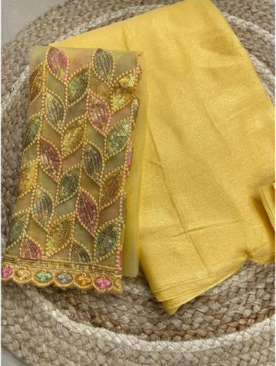 Yellow Chiffon Saree with Net Embroidery