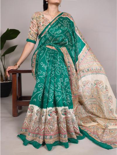 Green Silk Madhubani & Bandhej Fusion Saree