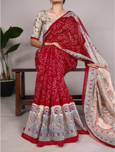 Red Silk Madhubani & Bandhej Fusion Saree