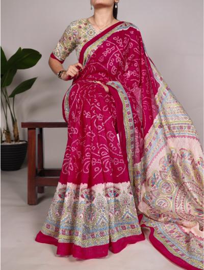 Pink Silk Madhubani & Bandhej Fusion Saree