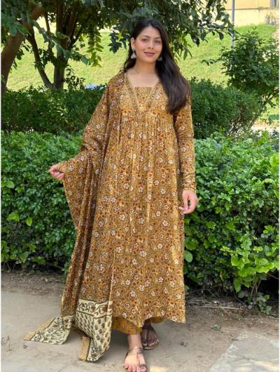 Mustard Floral Anarkali Salwar Kameez with Dupatta