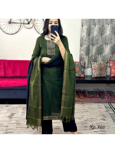 Dark Green Handloom Kurti, Pant and Dupatta (Set of 3)