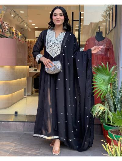 Black Cotton Embroidered Anarkali Kurti, Pant and Dupatta Set of 3