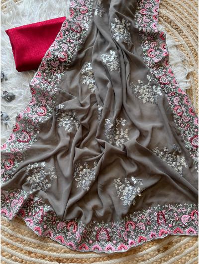 Grey Georgette Silk Sequence & Thread Work Saree