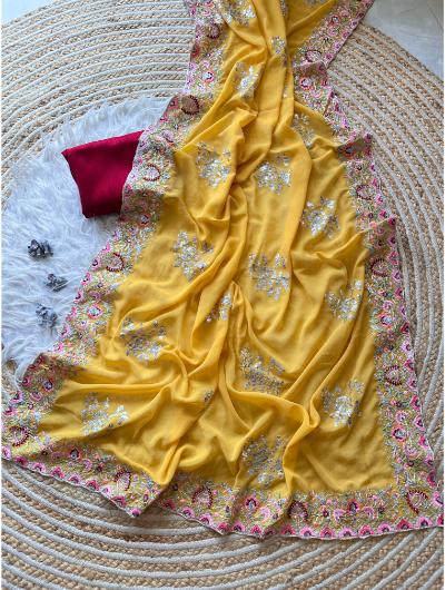 Yellow Georgette Silk Sequence & Thread Work Saree