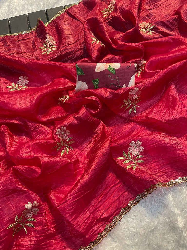 Red Gold Crush Embroidered Sequence Saree