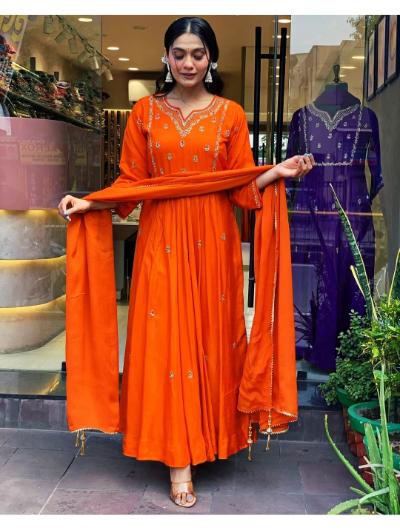 Orange Embroidered Gown Kurti, Pant and Dupatta Set of 3