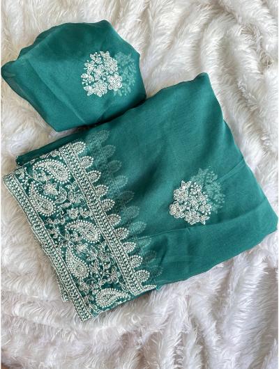 Teal Green Organza Cut Work Saree