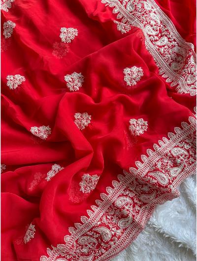 Red Organza Cut Work Saree