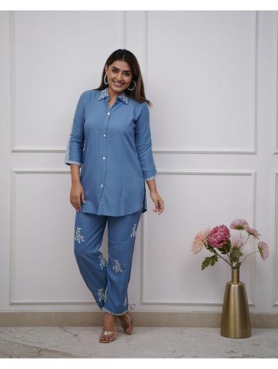 Blue Cotton Kurti and Pant with Side Pockets (Set of 2)