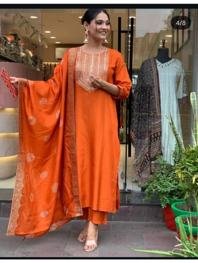 Orange Cotton Embroidered Kurti, Pant and Dupatta (Set of 3)