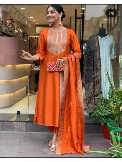 Orange Cotton Embroidered Kurti, Pant and Dupatta (Set of 3)