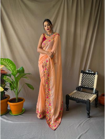 Peach Georgette Sequence Saree With Contrast Blouse