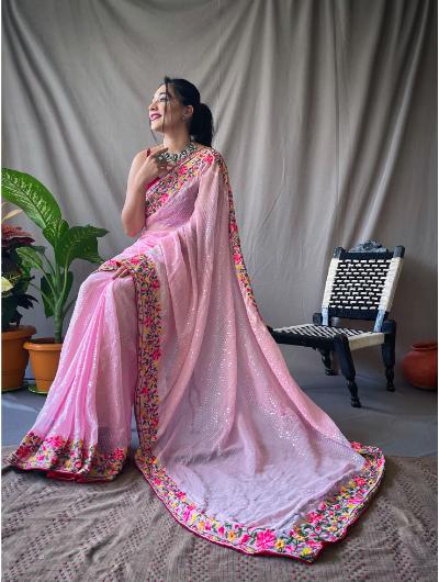 Pink Georgette Sequence Saree With Contrast Blouse