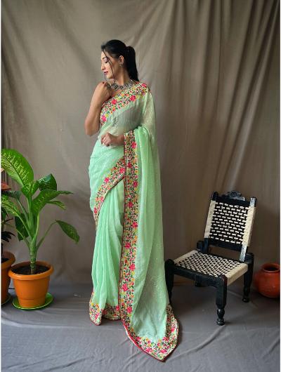 Green Georgette Sequence Saree With Contrast Blouse