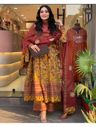 Mustard Cotton Anarkali Kurti, Pant and Dupatta (Set of 3)