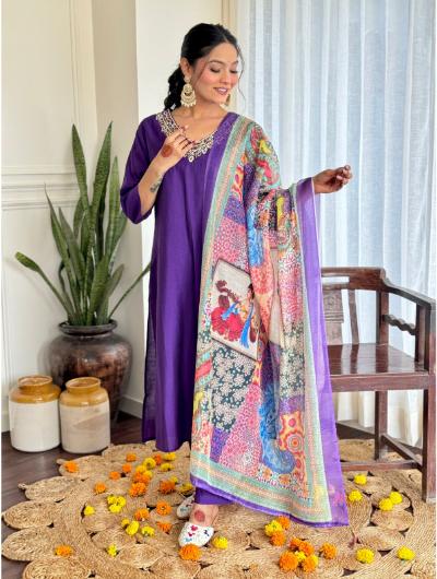 Purple Silk Kurti, Pant and Chanderi Dupatta (Set of 3)