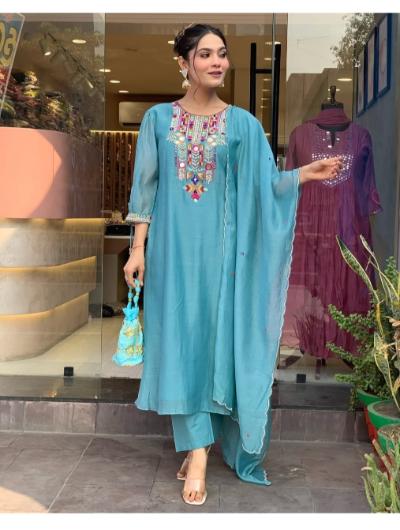 Teal Blue Anarkali Kurti, Pant and Nazmin Dupatta Set of 3