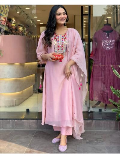 Pink Anarkali Kurti, Pant and Nazmin Dupatta Set of 3