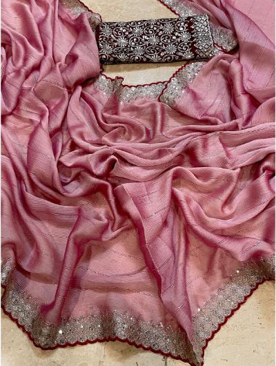 Pink Chiffon Embroidered Sequence Saree With Sequence Blouse 