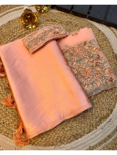 Peach Satin Embroidered Saree With Belt