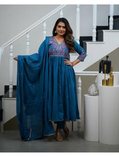 Teal Blue Embroidered Cotton Embroidered Anarkali Suit