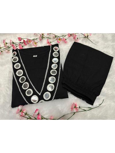 Black Cotton Mirror Embroidered Kurti and Pant (Set of 2)