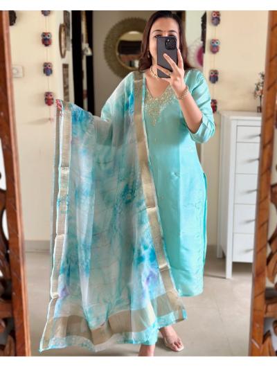 Sky Blue Silk Kurti, Pant and Dupatta (Set of 3)