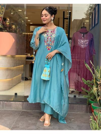 Teal Blue Mirror Embroidered Kurti, Pant and Dupatta (Set of 3)