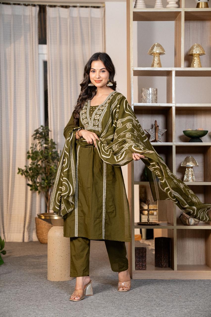 Olive Green Adda Work Cotton Anarkali Suit Set – BONYHUB