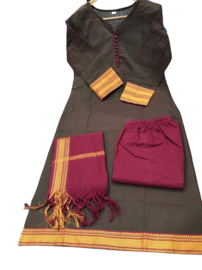 Pure South Cotton Handloom Golden Zari Thread Salwar Suit Set