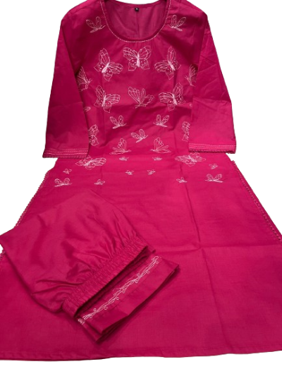 Pink Cotton Butterfly Embroidered Kurti Pant Set Of 2