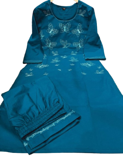 Blue Cotton Butterfly Embroidered Kurti Pant Set Of 2
