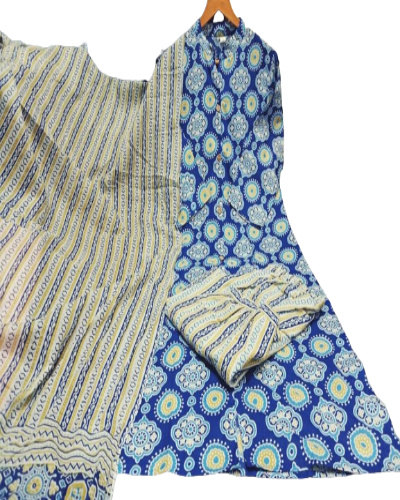 Blue Cotton Ajrakh Print Afghani Suit Set