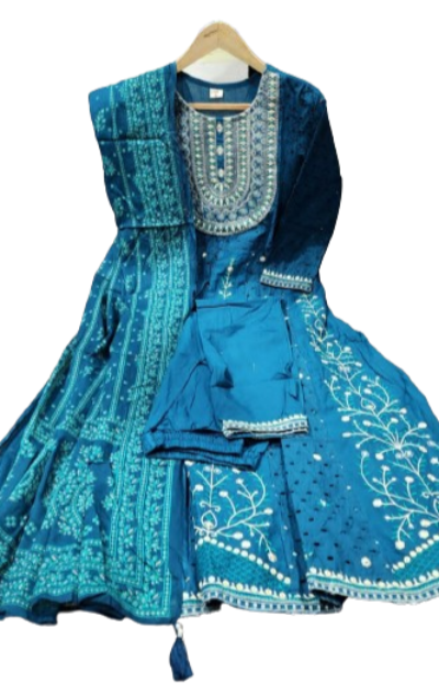 Blue Cotton Schiffli Embroidery & Mirror Work Anarkali Suit Set