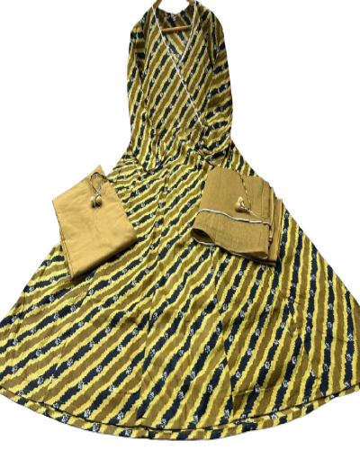 Copper Yellow Cotton Angharakha Style Anarkali Suit Set