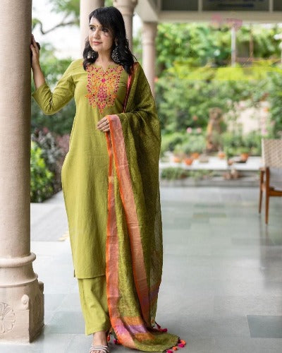 Lime Green Aari Work Cotton Suit With Linen Dupatta
