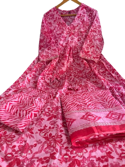 Pink Saganeri Printed Adda Work Cotton Anarkali Suit Set