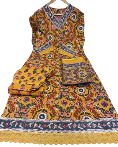 Mustard Yellow Floral Printed Pure Cotton Afghani Style Suit Set