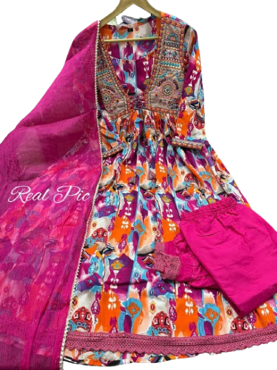 Pink Printed Mirror Embroidered Afghani Style Anarkali Suit Set