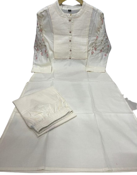 Office Wear Cotton Embroidery Pintex Detailing Kurti Pant Set Of 2