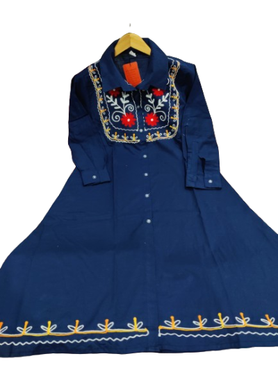 Denim Blue A-Line Embroidered Kurti Dress 1pc