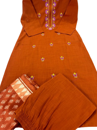 Brick Orange Cotton Salwar Suit With Khadi Silk Dupatta