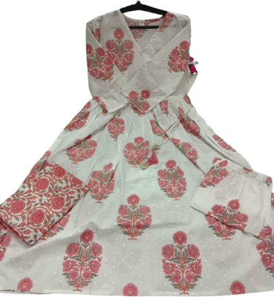 White Pink Floral Nyra Cut Cotton Anarkali Suit Set