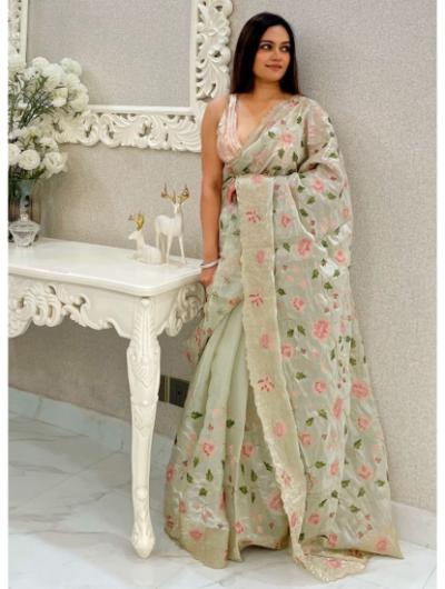 Beige Silk Heavy Thread and Motifs Embroidered Saree