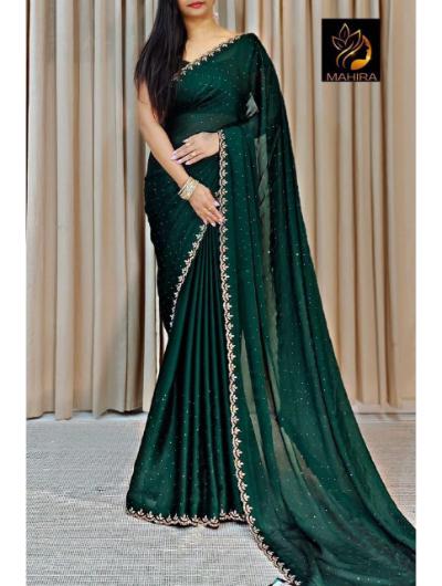 Green Chinnon Crepe Diamond Work Saree