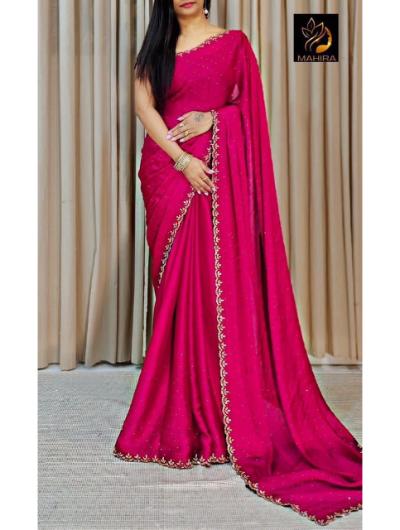 Pink Chinnon Crepe Diamond Work Saree