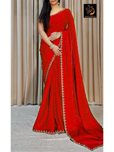 Red Chinnon Crepe Diamond Work Saree