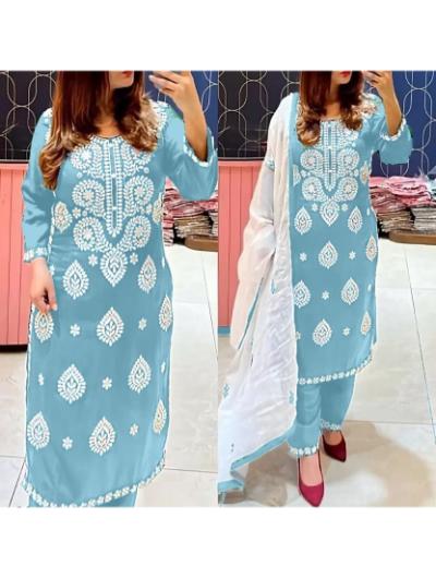 Sky Blue Chikan Embroidered Kurti, Pant and Chanderi Dupatta (Set of 3)